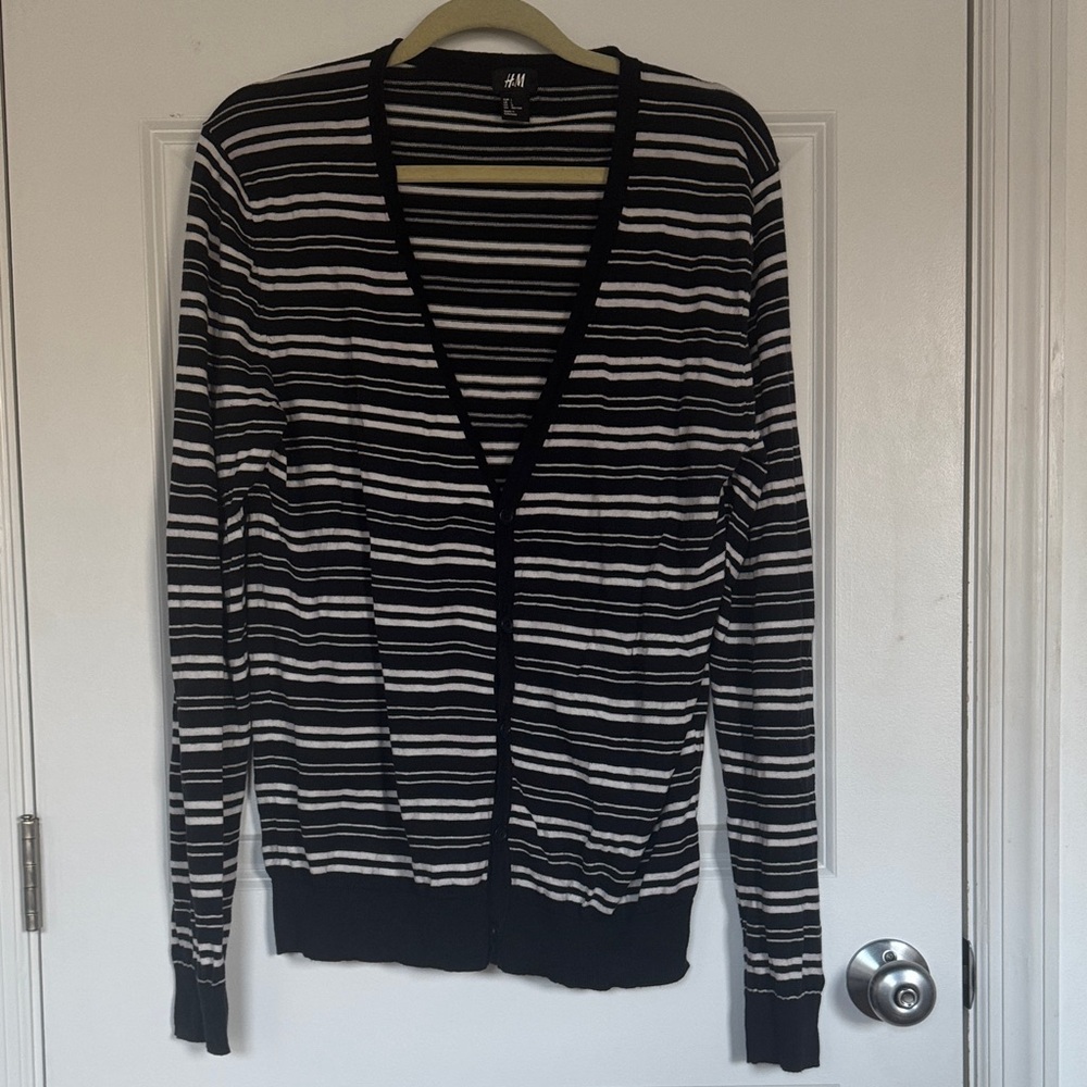 H&M Men’s Black and White Striped V-Neck Cardigan